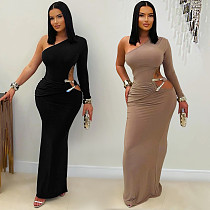 Sexy Off-Shoulder One-Sleeve Slim Fit Solid Color Dress
