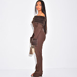 New Style Fur Collar Trim Boat Neck Slim Fit Top with Flared Pants Two-Piece Suit DZHT-322