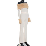 New Style Fur Collar Trim Boat Neck Slim Fit Top with Flared Pants Two-Piece Suit DZHT-322