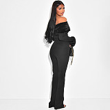 New Style Fur Collar Trim Boat Neck Slim Fit Top with Flared Pants Two-Piece Suit DZHT-322