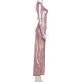New Slim-Fit Round Neck Long Sleeve Solid Color Fine Glitter Dress SXE-80733