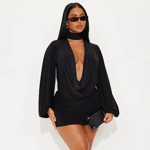 Sexy Button-Down Necklace Collar Top Slim-Fit Hip-Hugging Skirt Suit DZHT-319