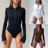 Solid Color Tight Polo Collar Single-breasted Slit Flared Sleeve Jumpsuit MRA-43412