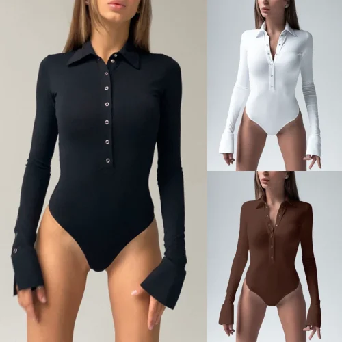 Solid Color Tight Polo Collar Single-breasted Slit Flared Sleeve Jumpsuit MRA-43412