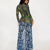 Digital Printed Mesh Panels with Cutouts High-Waisted Slim Fit Dress ZJQD-82065