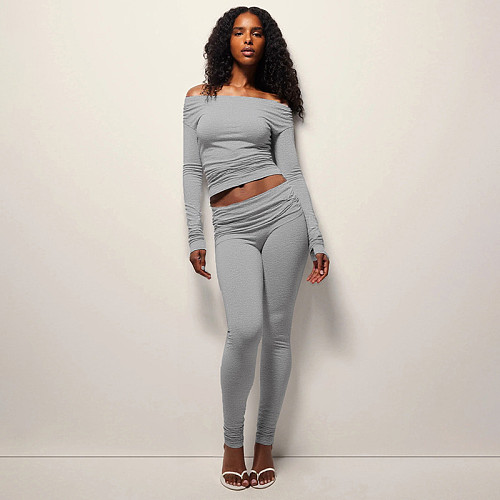 Autumn and Winter One-Shoulder Off-the-Shoulder Solid Color Foldable Pleated Slim Fit Long Pants Suit XYWL-264