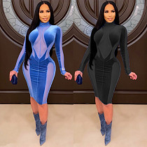 Sexy Women's Clothing Velvet Stretch Mesh Panels Long Sleeve Dress BN-9316