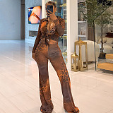 Printed Mesh Collar Long Sleeve Button Cardigan Bell-Bottom Pants Two-Piece Set XINH-80819