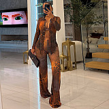 Printed Mesh Collar Long Sleeve Button Cardigan Bell-Bottom Pants Two-Piece Set XINH-80819