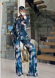 Printed Mesh Collar Long Sleeve Button Cardigan Bell-Bottom Pants Two-Piece Set XINH-80819