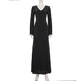 Sexy Backless Stretch Knit Sequin Bell Sleeve Long Sleeve Dress MRA-42658