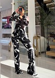 Printed Mesh Collar Long Sleeve Button Cardigan Bell-Bottom Pants Two-Piece Set XINH-80819