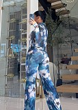 Printed Mesh Collar Long Sleeve Button Cardigan Bell-Bottom Pants Two-Piece Set XINH-80819