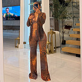 Printed Mesh Collar Long Sleeve Button Cardigan Bell-Bottom Pants Two-Piece Set XINH-80819