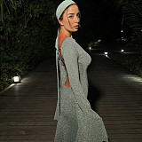 Sexy Backless Stretch Knit Sequin Bell Sleeve Long Sleeve Dress MRA-42658