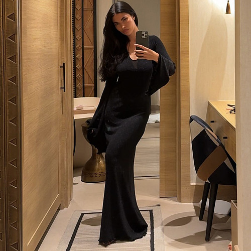 Sexy Backless Stretch Knit Sequin Bell Sleeve Long Sleeve Dress MRA-42658