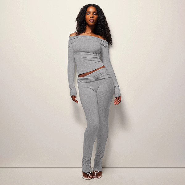Autumn and Winter One-Shoulder Off-the-Shoulder Solid Color Foldable Pleated Slim Fit Long Pants Suit XYWL-264