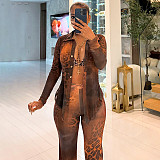 Printed Mesh Collar Long Sleeve Button Cardigan Bell-Bottom Pants Two-Piece Set XINH-80819
