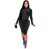 Sexy Women's Clothing Velvet Stretch Mesh Panels Long Sleeve Dress BN-9316