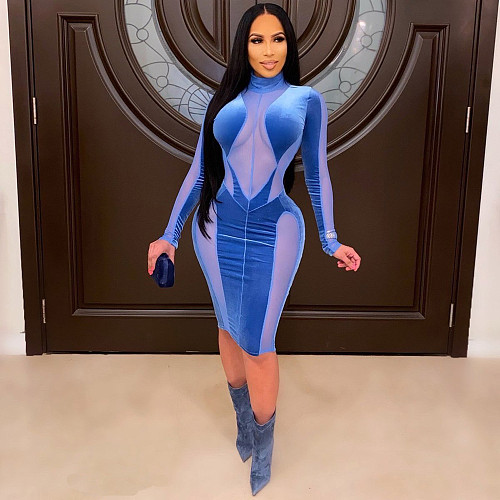 Sexy Women's Clothing Velvet Stretch Mesh Panels Long Sleeve Dress BN-9316