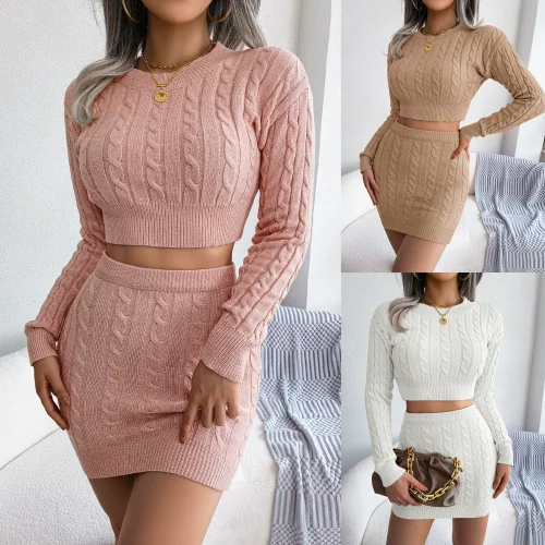 Long Sleeve Knitted Sweater Crop Top Skirts Set BJS-1820
