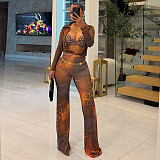 Printed Mesh Collar Long Sleeve Button Cardigan Bell-Bottom Pants Two-Piece Set XINH-80819