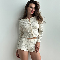 Minimalist Floral Print Button-Up Long Sleeve Top Shorts Set MRA-43091