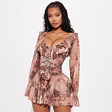Off-the-Shoulder Pleated Mesh Leopard Print Long Sleeve Dress with Collar XYWL-180