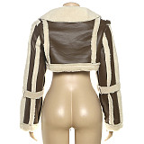 Vintage Leather Patchwork Casual Loose Lapel Long-sleeved Jacket ZJQD-75217