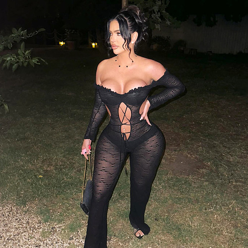 Sexy Lace See-through High Waist Tight Skinny Jumpsuit ZJQD-79675