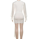 Solid Color Low-cut Neckline Long-sleeved High-waisted Hip Dress ZJQD-77990