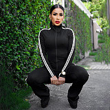 Casual Contrast Color Patch Zipper Top Skinny High Waist Trousers Sports Suit DZHT-25ST396