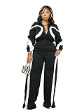 Fashionable Sports Contrast Color Long-sleeved Half-open Placket Elastic Waist Jumpsuit PMR-801