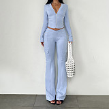 Casual Knitted V-neck Long-sleeved Tight-fitting Split Zipper Sweatshirt and Sweatpants Set MRA-40193