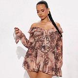 Off-the-Shoulder Pleated Mesh Leopard Print Long Sleeve Dress with Collar XYWL-180