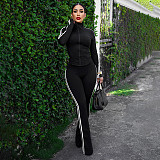 Casual Contrast Color Patch Zipper Top Skinny High Waist Trousers Sports Suit DZHT-25ST396