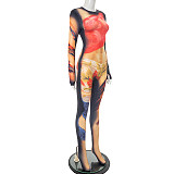 Crew-neck Body Painting Print Long-sleeved Tight-fitting Jumpsuit DZHT-229