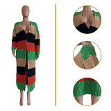 Color Block Long Sleeve Open Front Knitted Sweater Cardigan TR-1231