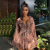 Off-the-Shoulder Pleated Mesh Leopard Print Long Sleeve Dress with Collar XYWL-180
