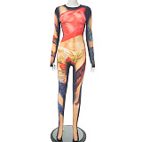 Crew-neck Body Painting Print Long-sleeved Tight-fitting Jumpsuit DZHT-229