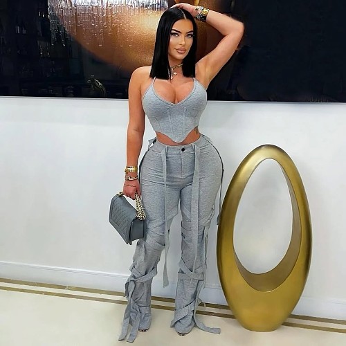 Fashionable Corded Decorative Belt Straight Leg Casual Daily Wear Relaxed Fit Pants LSD-2567