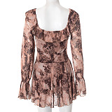Off-the-Shoulder Pleated Mesh Leopard Print Long Sleeve Dress with Collar XYWL-180