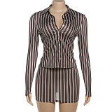 Slim Striped Long Sleeve Collarless Buttoned Sexy Fitted Skirt Suit DLS-80317