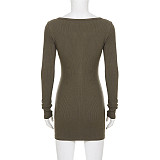 Solid Color V-neck Buttoned Slim-fit Knitted Hip-wrapped Short Dress MRA-37524