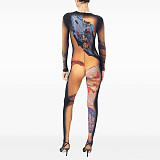 Crew-neck Body Painting Print Long-sleeved Tight-fitting Jumpsuit DZHT-229