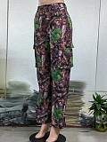 Fashion Leaf Print Straight Leg High Waist Pocket Multi-colored Work Pants SMJR-1096