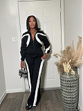 Fashionable Sports Contrast Color Long-sleeved Half-open Placket Elastic Waist Jumpsuit PMR-801
