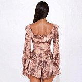 Off-the-Shoulder Pleated Mesh Leopard Print Long Sleeve Dress with Collar XYWL-180
