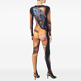 Crew-neck Body Painting Print Long-sleeved Tight-fitting Jumpsuit DZHT-229