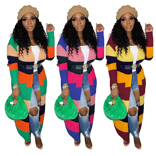 Color Block Long Sleeve Open Front Knitted Sweater Cardigan TR-1231
